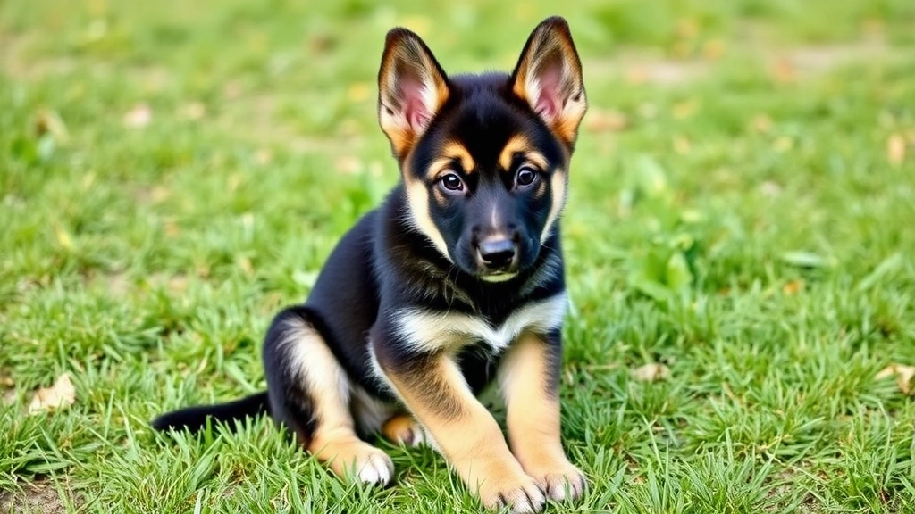 Young German Shepherd puppy at 8 weeks old sitting outdoors on grass, alert expression, natural lighting, showing typical puppy proportions and coat clarity