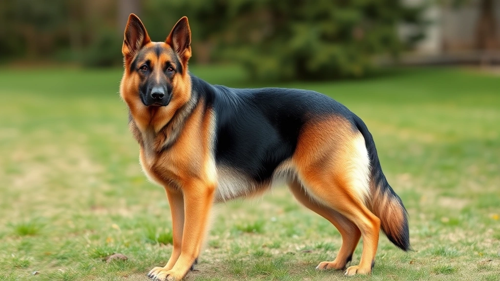 Adult German Shepherd at full maturity standing confidently in outdoor setting showing mature musculature, proper body condition, and breed standard proportions, confident expression