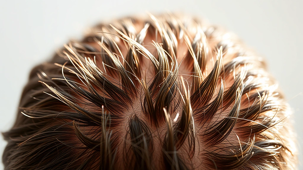 Close-up of healthy scalp with visible hair follicles and vibrant strands growing upward, natural lighting showing texture and vitality, person with glowing skin demonstrating scalp health