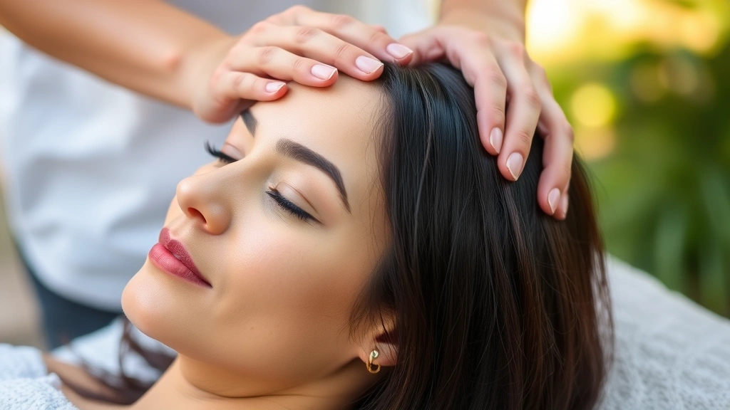 Person performing therapeutic scalp massage with fingertips, peaceful expression, natural setting with soft lighting, demonstrating proper massage technique on healthy hair