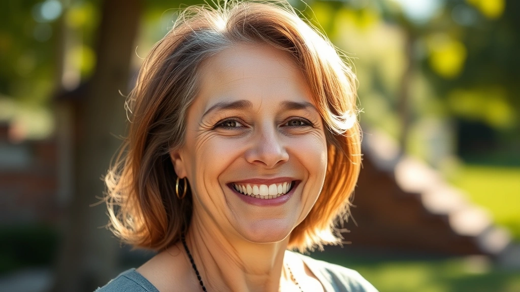 Diverse cancer survivor with shoulder-length regrown hair smiling confidently outdoors in natural sunlight, embodying resilience and recovery