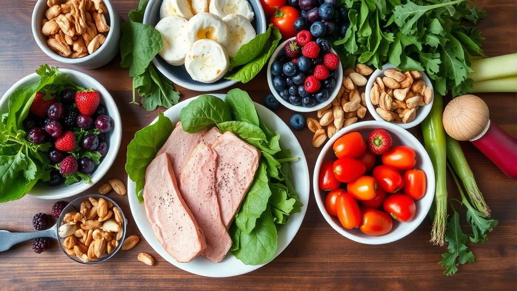 Nutritious meal spread featuring protein-rich foods, leafy greens, berries, nuts, and colorful vegetables on wooden table, vibrant and healthy aesthetic