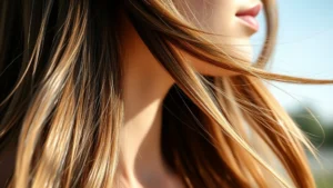 Woman with thick, shiny, healthy hair flowing in natural sunlight, close-up of scalp showing healthy hair follicles, professional photorealistic style, no text or filters