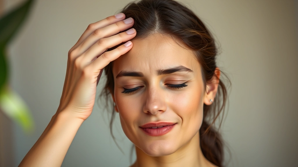 Person performing scalp massage with fingertips, relaxed expression showing stress relief benefits, natural lighting, photorealistic wellness imagery
