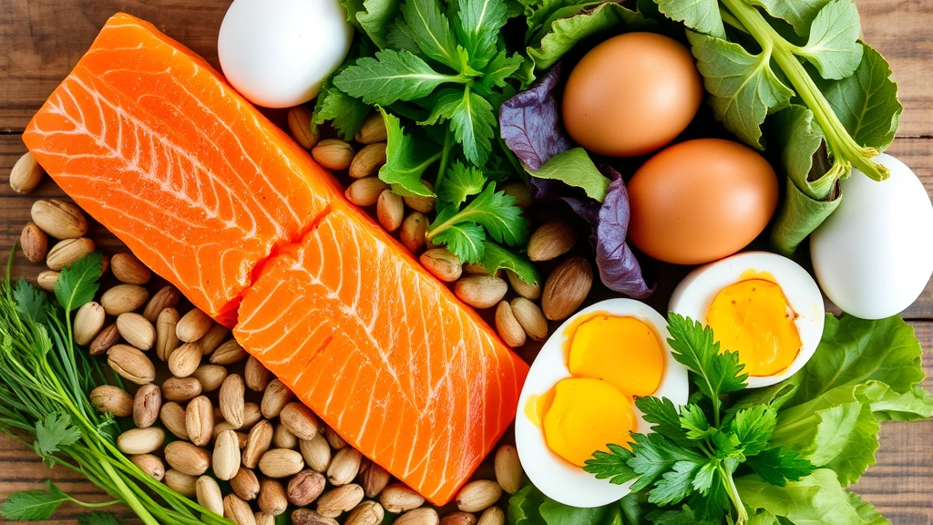 Colorful array of nutrient-dense foods including salmon, nuts, leafy greens, eggs arranged naturally on wooden surface, fresh and vibrant, no labels or text