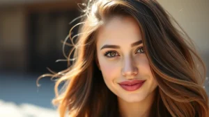 A person with visibly thick, shiny, healthy hair flowing naturally in sunlight, showing vibrant hair texture and volume, professional headshot style, confident expression, warm natural lighting, outdoor setting with soft background blur