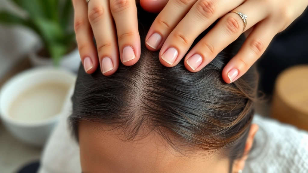Close-up of healthy scalp with hands performing gentle massage technique using fingertips in circular motions, showing proper scalp care method, warm skin tones, peaceful expression, indoor wellness setting with soft focus