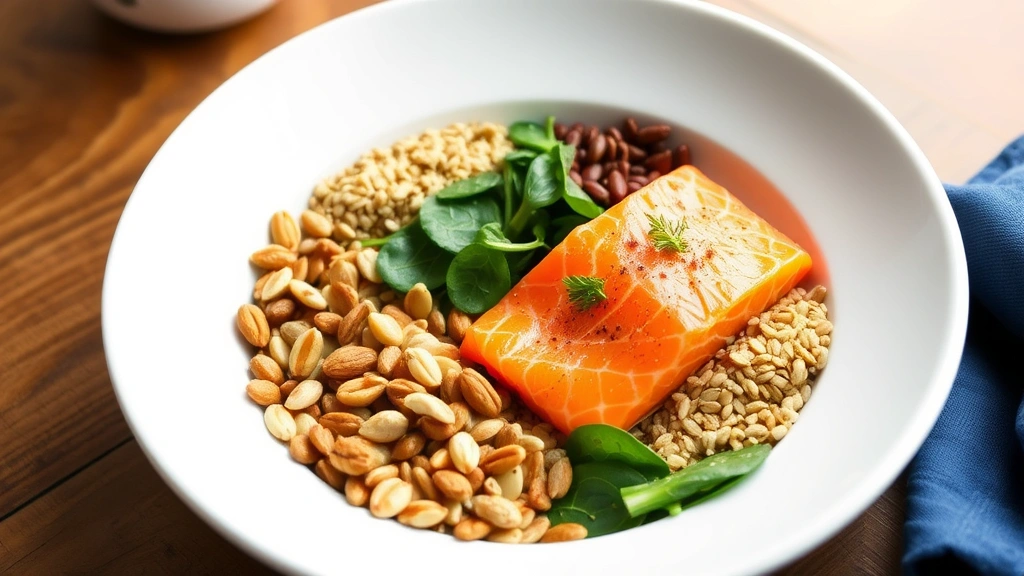 Nutritious meal bowl containing salmon, spinach, nuts, seeds, and whole grains arranged beautifully, vibrant food colors, fresh ingredients, natural lighting, wooden table setting, representing protein-rich hair-healthy foods