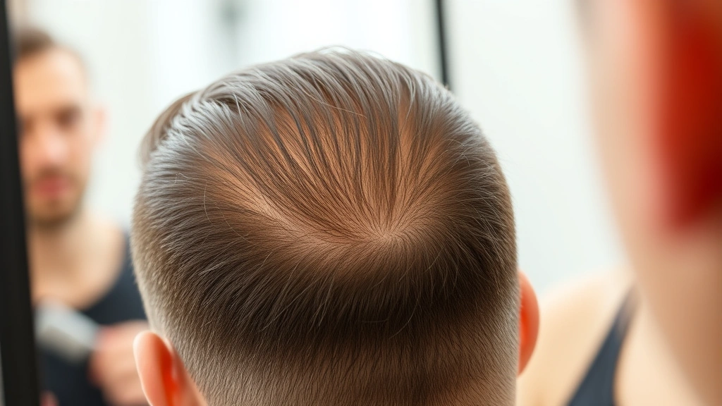 Close-up of healthy scalp with new hair growth, person looking in mirror with confidence, natural lighting showing hair texture improvement