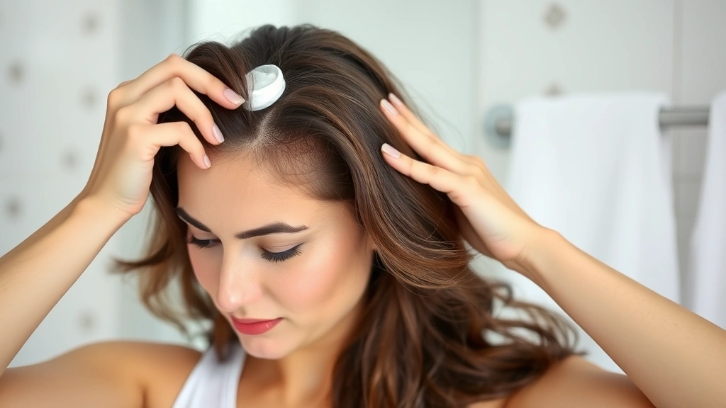 Woman applying hair growth cream to scalp with proper technique, focused expression, bathroom setting with clean towel nearby