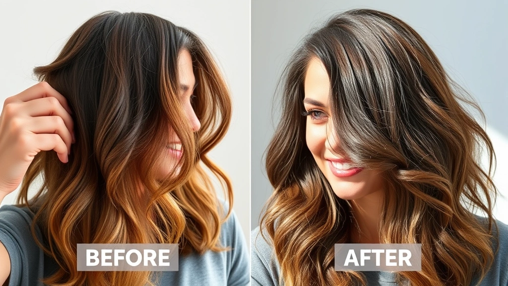 Before and after hair health comparison, person running fingers through thicker hair, sunlit hair showing volume and shine, confident expression