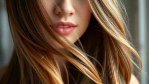 Close-up of a woman with thick, shiny, healthy hair flowing in natural light, showing hair texture and volume, professional portrait style photography