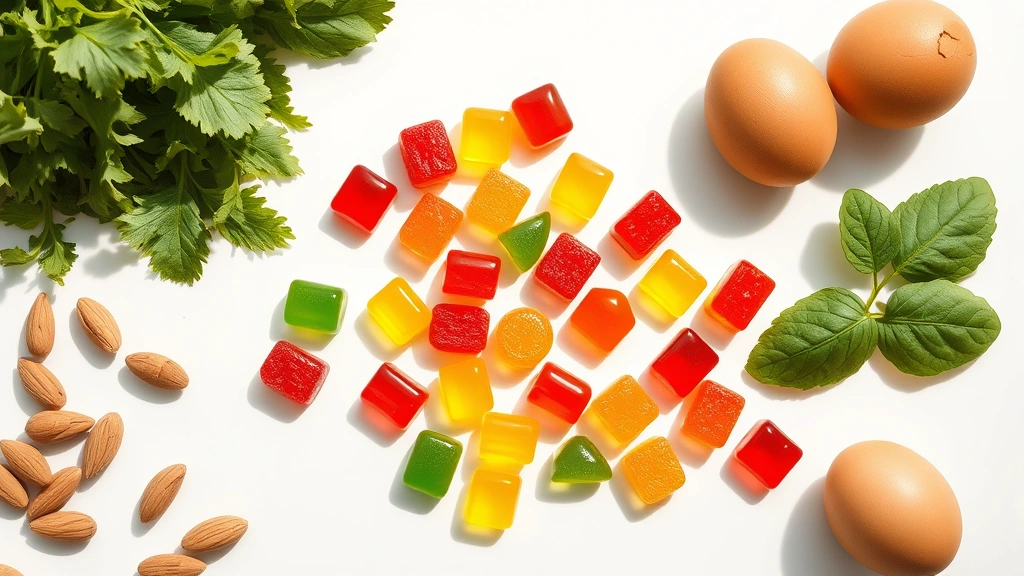 Overhead view of colorful supplement gummies arranged artfully on a white surface with fresh ingredients like almonds, eggs, and leafy greens nearby, bright natural lighting
