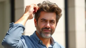 A confident middle-aged man with noticeably fuller, thicker hair running fingers through his hair, standing in natural sunlight showing healthy hair texture and volume, photorealistic, professional appearance