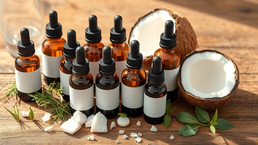 A collection of natural oil bottles (amber glass with droppers) arranged on a wooden surface with fresh rosemary sprigs, peppermint leaves, and coconut pieces scattered around, warm natural lighting