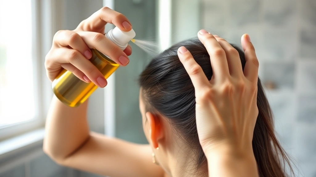 A person applying oil spray to their scalp with focused, intentional hand movements, showing the massage technique with fingers gently working through hair roots, serene bathroom setting with natural light
