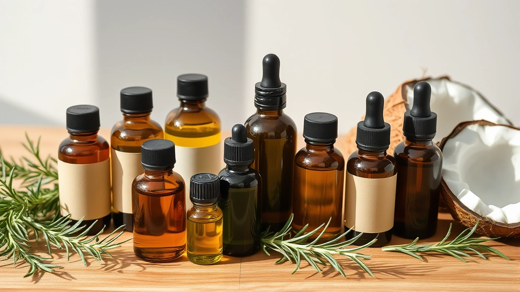 Variety of natural oils in glass bottles arranged on a wooden surface with fresh botanicals like rosemary sprigs and coconut halves nearby, minimalist wellness aesthetic, soft natural daylight