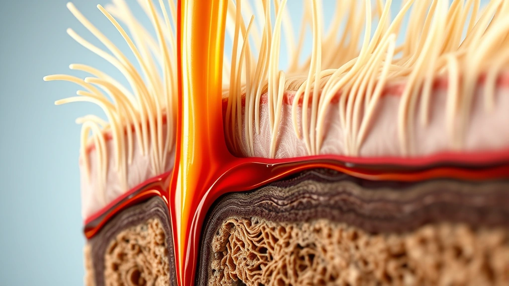Close-up of healthy hair follicle cross-section showing active growth, vibrant hair shaft emerging from scalp with visible blood supply nourishing the root, professional medical illustration style, natural lighting on human hair