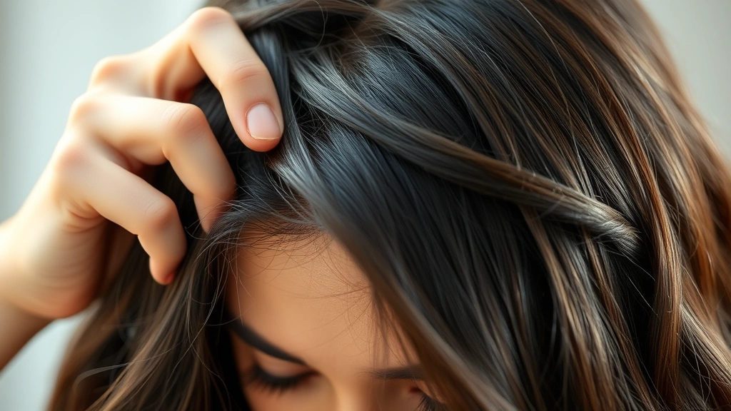 Person with healthy, thick hair running fingers through strands, showing shine and vitality, soft natural lighting, close-up on hair texture and scalp health, peaceful expression suggesting wellness