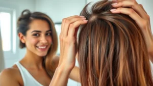 Person examining their hair in mirror with confident expression, natural lighting from window, close-up of healthy scalp and hair strands, serene bathroom setting