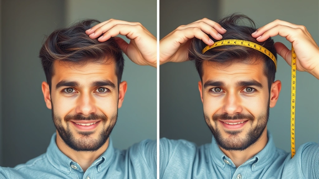 Man checking hair growth progress with before-after comparison, measuring tape on scalp, satisfied expression, natural daylight, clinical yet encouraging atmosphere