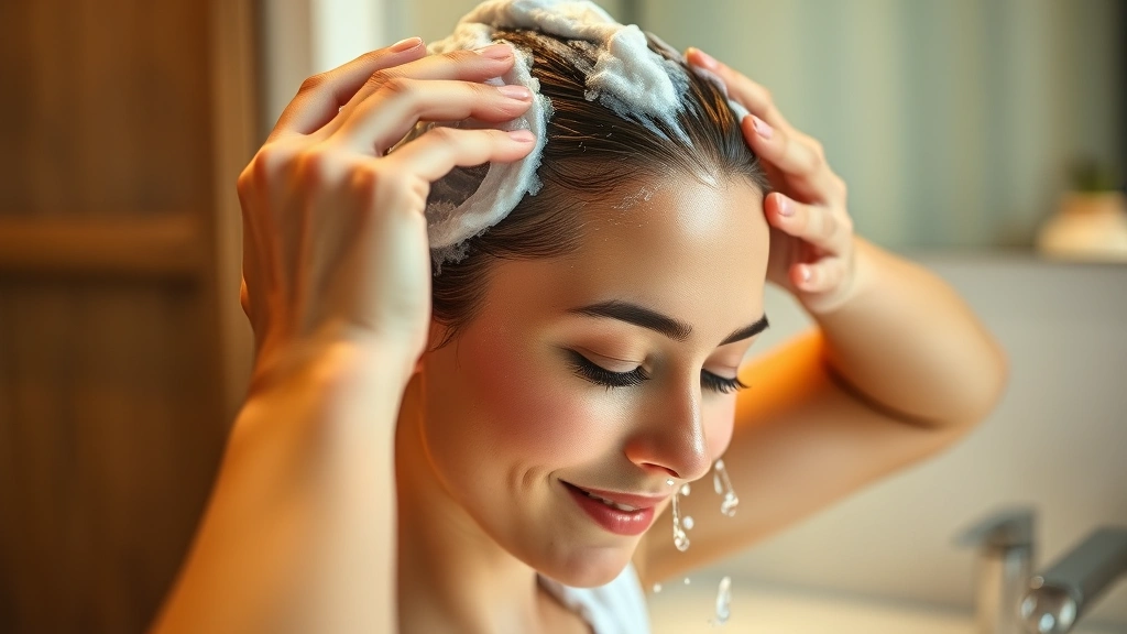 Woman applying shampoo with gentle scalp massage technique, warm lighting, peaceful expression, hands massaging temples, water droplets, clean bathroom setting