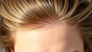 Close-up of healthy scalp with flowing hair strands, natural sunlight highlighting hair texture and vitality, person appearing confident and satisfied with their appearance