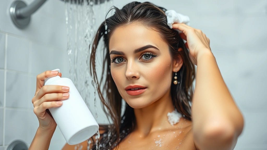 Woman in shower applying shampoo with focused expression, water cascading over shoulders, bathroom setting with steam, demonstrating proper hair care routine