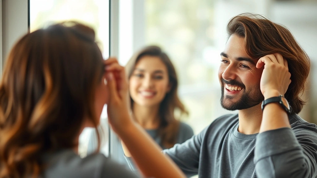 Person examining their reflection with genuine smile, touching their hair with satisfaction, bright natural lighting through window, showing self-confidence and personal growth achievement
