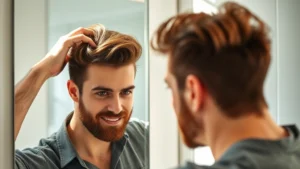 A confident man in his 30s examining his healthy scalp in a mirror with morning sunlight, showing thick, vibrant hair with visible fullness and shine, natural bathroom setting, professional and approachable appearance