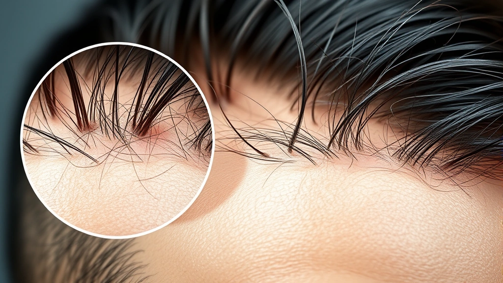 Close-up of a man's scalp showing healthy hair follicles and strong hair strands emerging from skin, magnified scientific perspective, clean and clear scalp without irritation, demonstrating hair health and vitality