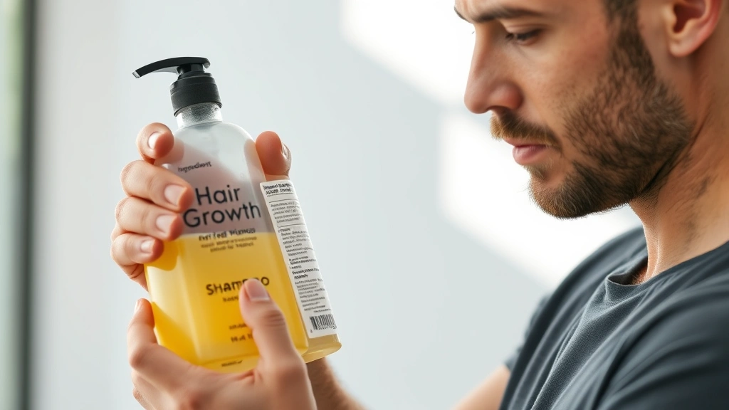 A man holding a hair growth shampoo bottle while reading ingredient label carefully with focused expression, natural lighting highlighting the product and his attentive study, representing informed consumer decision-making