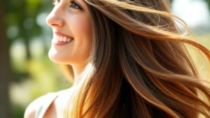Woman with long, healthy, voluminous hair flowing in natural sunlight, smiling confidently, close-up of hair texture showing shine and vitality, no text visible
