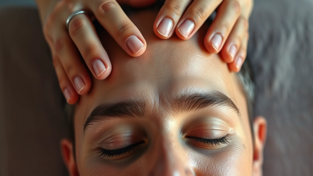 Top-down view of person receiving professional scalp massage with fingertips, scalp appears healthy and clear, warm lighting emphasizing circulation and wellness, peaceful expression