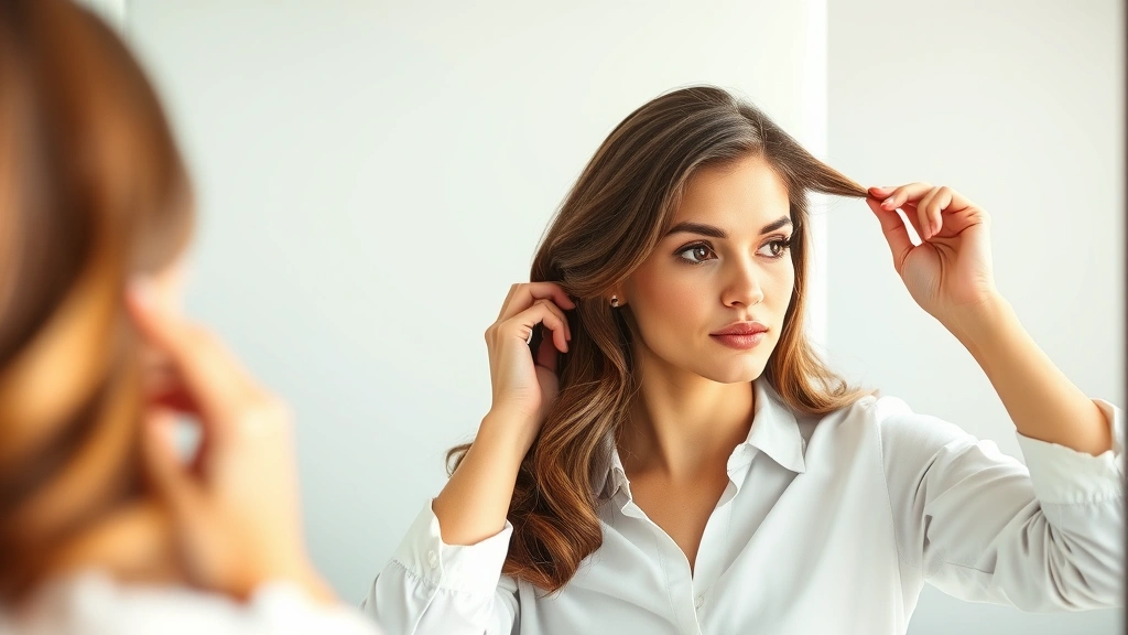 Woman examining her hair in mirror with thoughtful expression, bright natural light, demonstrating self-awareness and personal growth mindset, professional setting, photorealistic