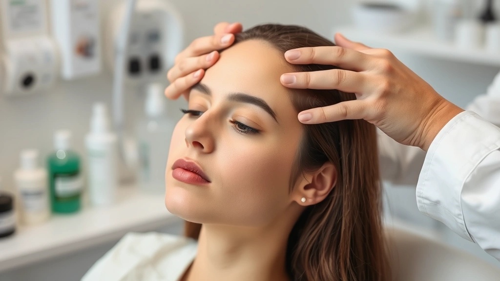 Person applying treatment to scalp with focused determination, showing commitment to health improvement journey, clinical but warm environment, hands in action, no product labels visible