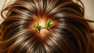 Person with healthy, voluminous hair showing natural shine and fullness, close-up of scalp area with rosemary plant, warm lighting emphasizing hair texture and vitality