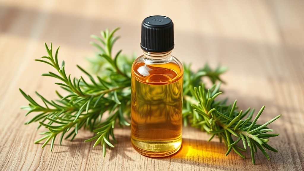Bottle of golden rosemary oil next to fresh rosemary sprigs on natural wooden surface, soft natural light highlighting oil clarity and botanical ingredients