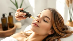Person applying essential oil to scalp during head massage, serene spa-like bathroom setting, natural lighting, healthy-looking hair visible, peaceful expression