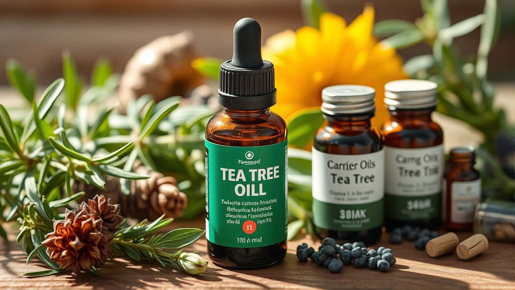 Close-up of vibrant tea tree oil bottle next to carrier oils and fresh plant ingredients on wooden surface, sunlit natural composition, no labels visible