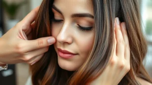Woman with healthy, thick, shiny hair getting a nourishing mask treatment applied by professional hands, close-up of luxurious hair texture, natural lighting, salon setting, visible hair shine and vitality