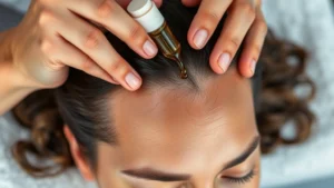 Close-up of hands applying warm oil to scalp with gentle circular massage motions, natural lighting, serene expression, focus on scalp care technique