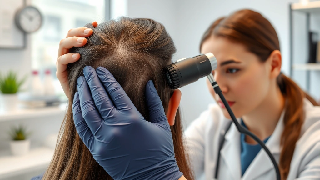 Professional dermatologist examining patient's scalp with magnifying instrument in modern medical clinic, natural lighting showing healthy hair follicles, focused and compassionate healthcare setting