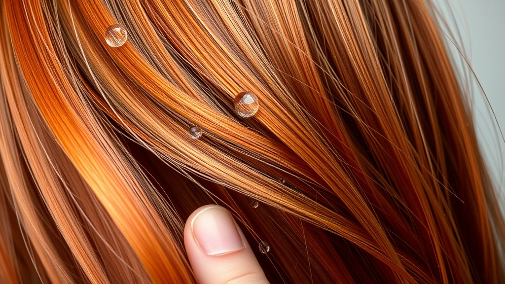 Close-up of vibrant, healthy hair strands with visible thickness and shine, water droplets glistening, person running fingers through full voluminous hair with confidence and satisfaction