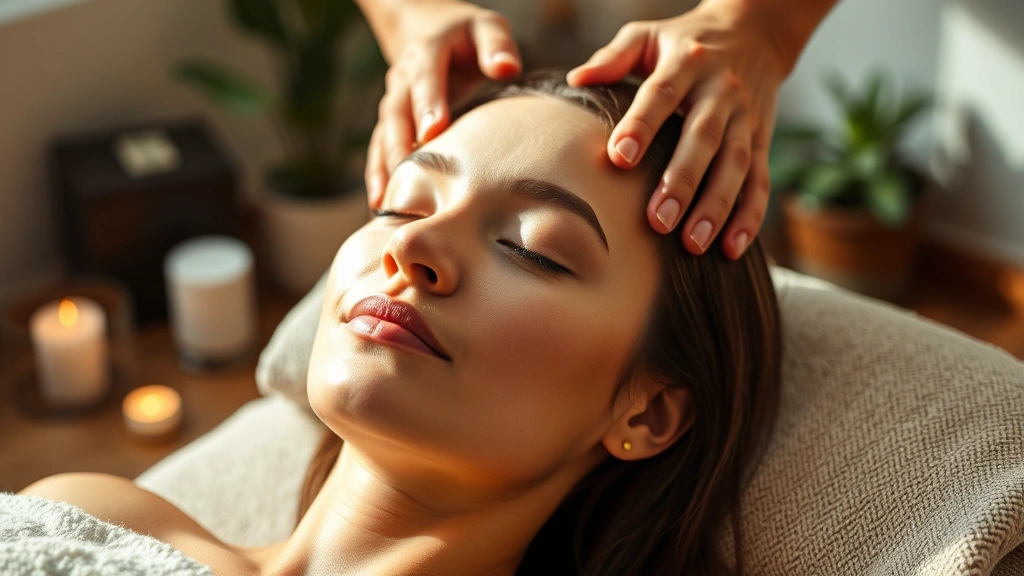 Serene person receiving scalp massage with focused expression of relaxation, hands working on scalp area, wellness spa environment with soft natural lighting and peaceful atmosphere
