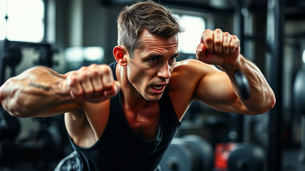 Person doing intense resistance training in gym with focused determination, sweat visible, energetic movement captured