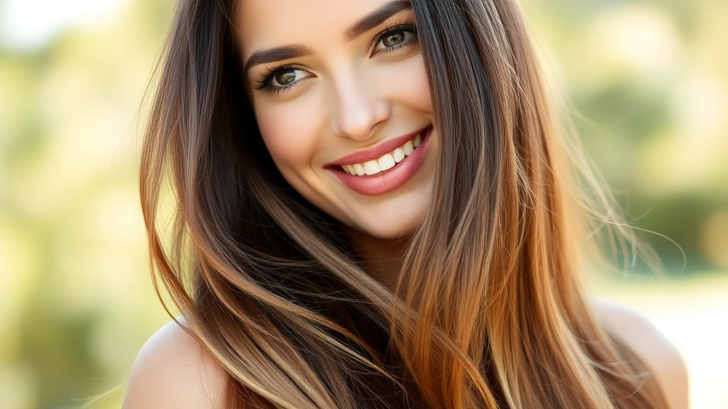 Woman with long, healthy, shiny hair flowing in natural light, smiling confidently, outdoor setting, natural beauty, no styling products visible, pure hair health focus