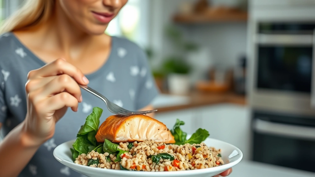 Woman eating healthy meal with salmon, spinach, and whole grains, bright kitchen setting, nutritious food focus, natural lighting, conveying wellness and nourishment