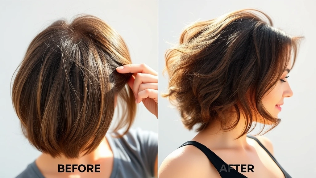 Before and after comparison showing hair density improvement, woman running fingers through thicker hair, natural sunlight, confident posture, representing hair regrowth journey progress