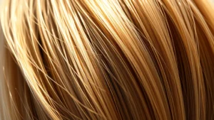 Close-up of healthy vibrant hair strands with natural shine, person running fingers through thick full hair, natural sunlight illuminating golden tones
